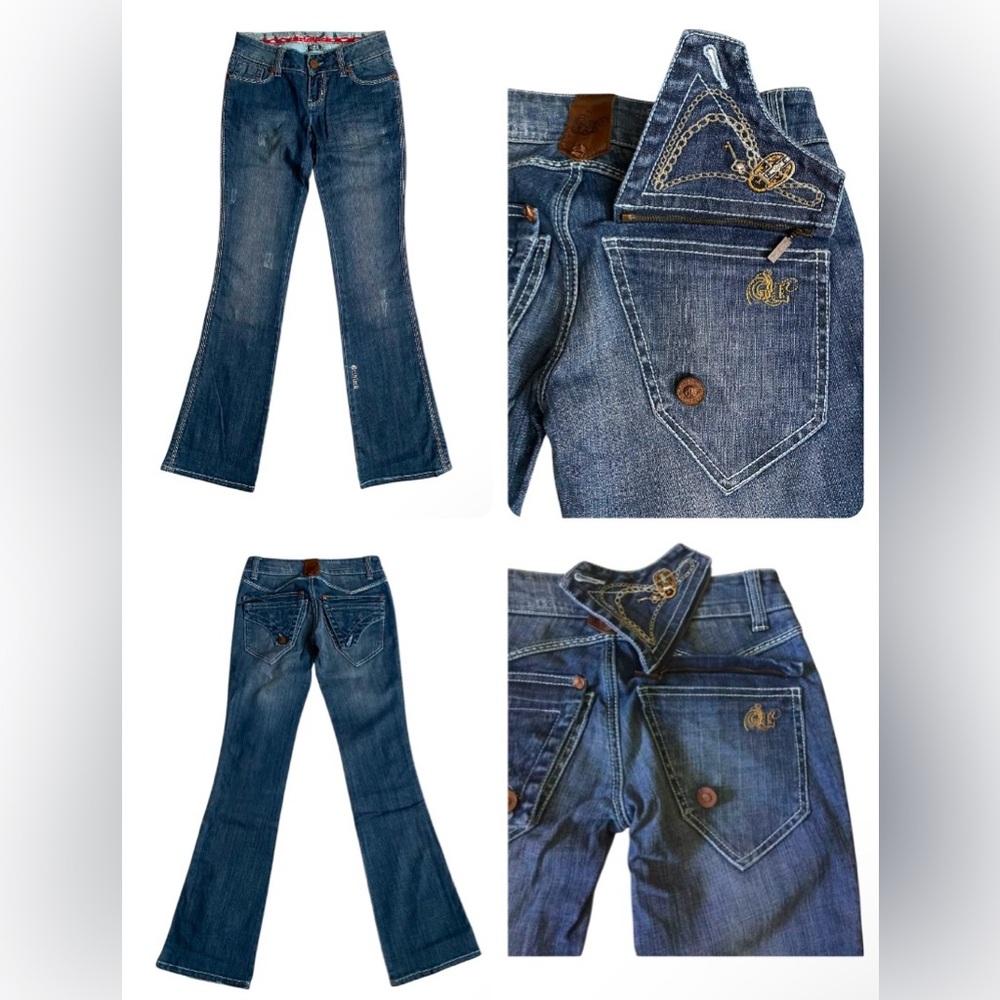 Gridlock womens boot cut jeans, Size 27W X 33L, embroidery detail.